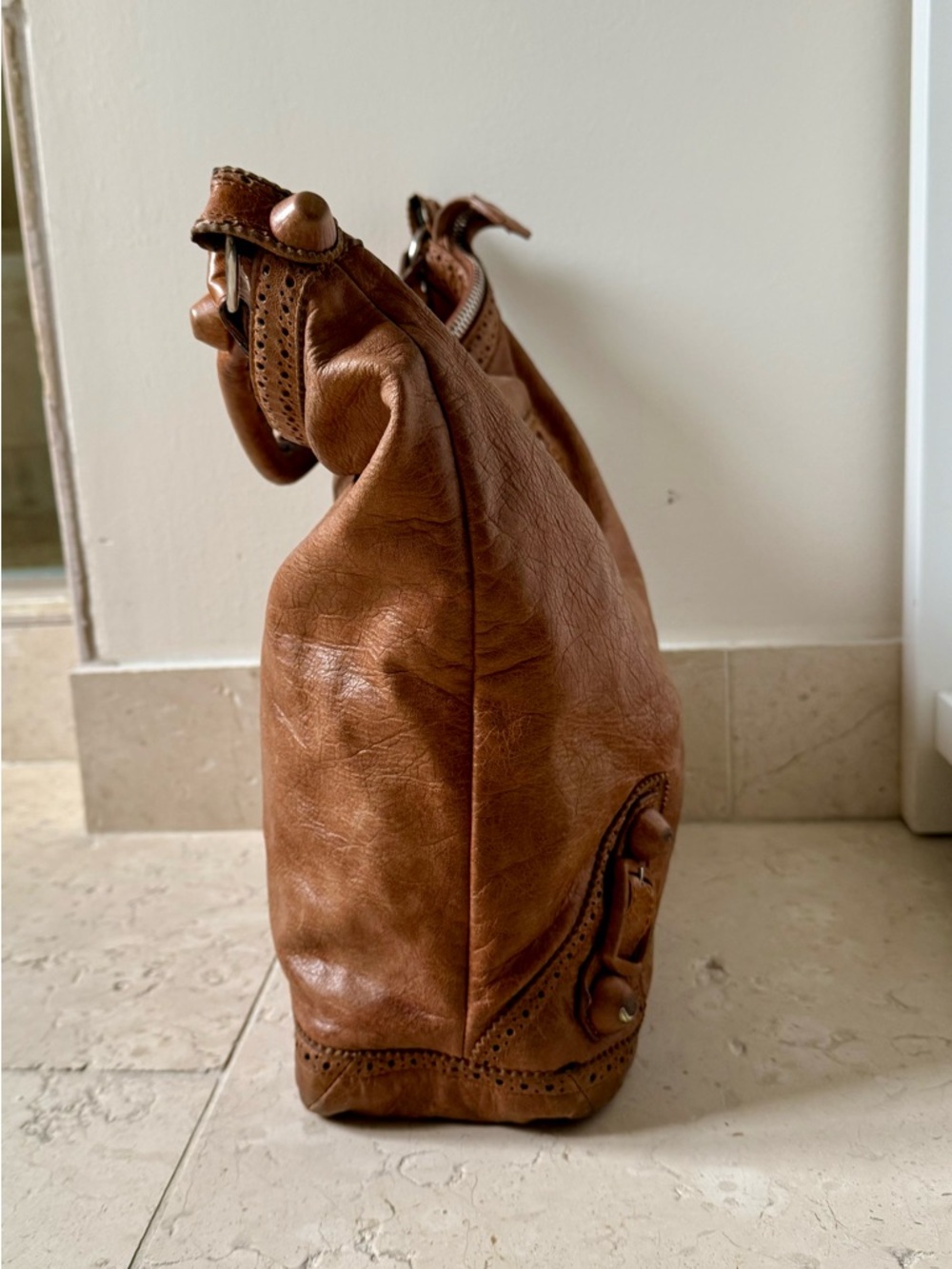 Balenciaga Vintage Motocross Brogue Day Hobo Bag, Brown Leather, FLAWS - Picture 6 of 16